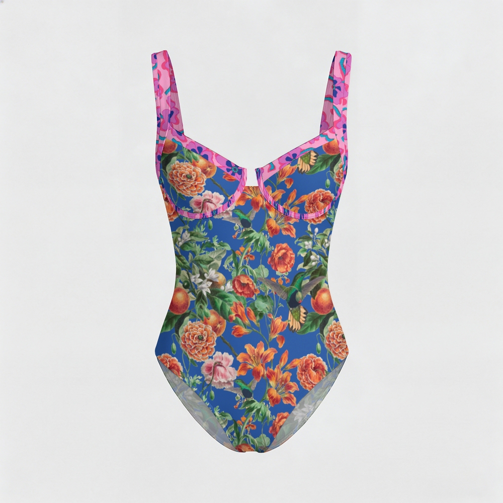 Red Flower Print Contrast Trim Knotted Swimsuit