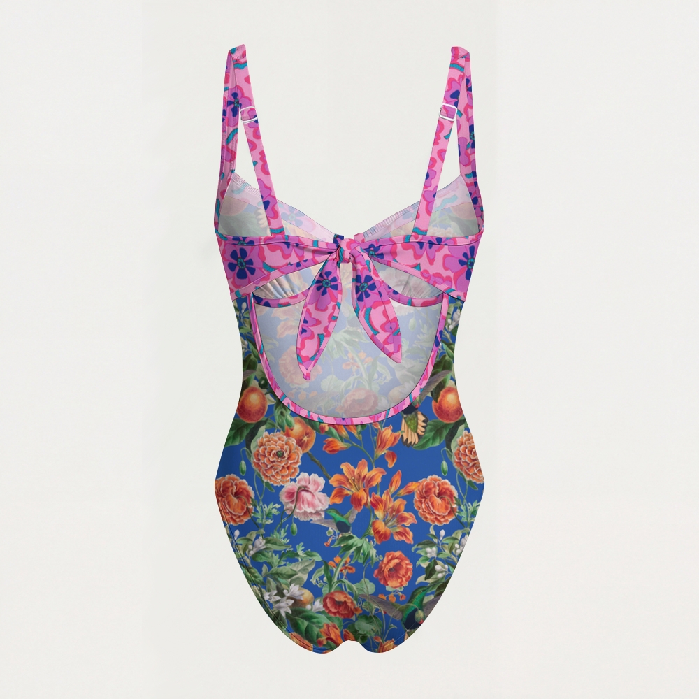 Red Flower Print Contrast Trim Knotted Swimsuit