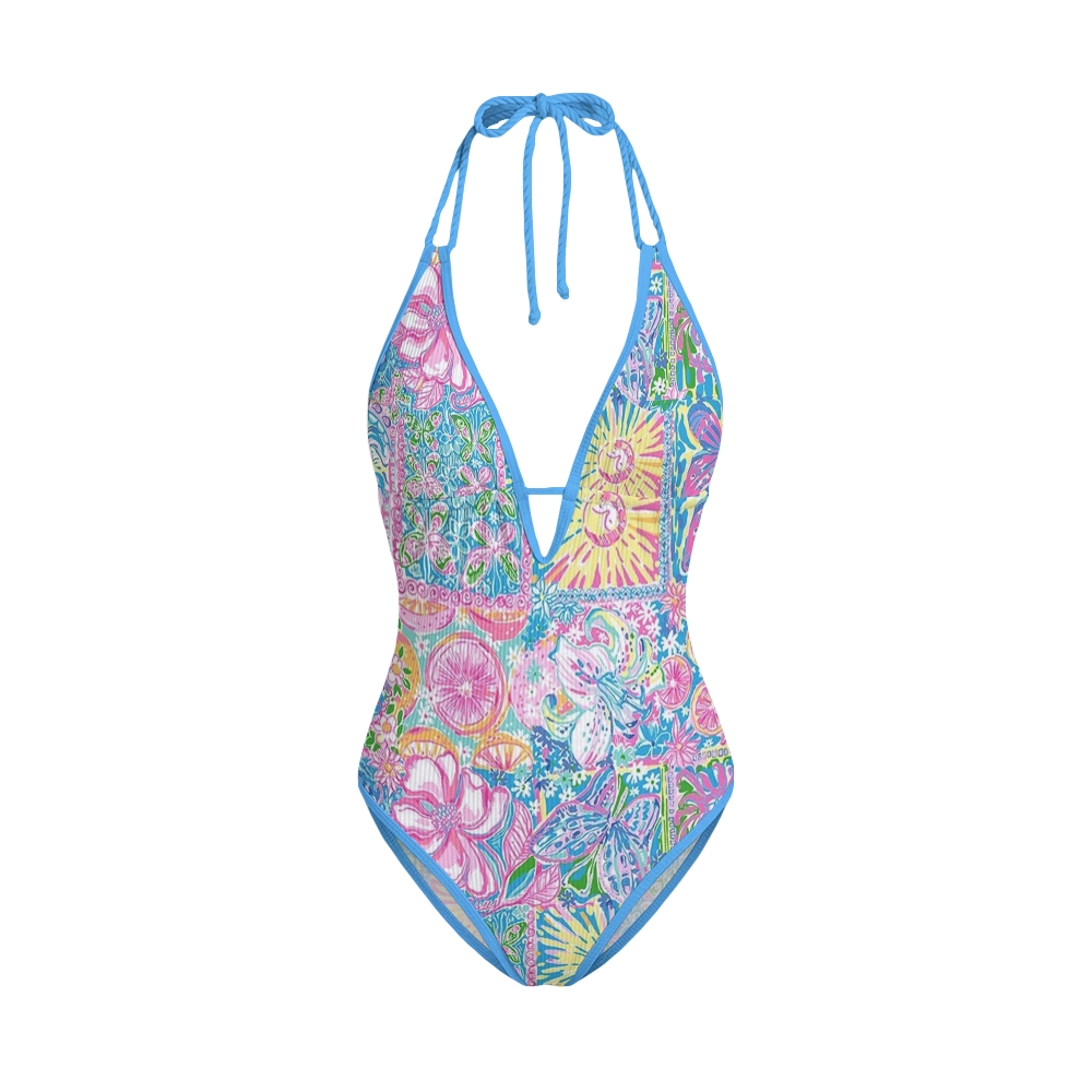 Pastel Patchwork Print Contrast Swimsuit