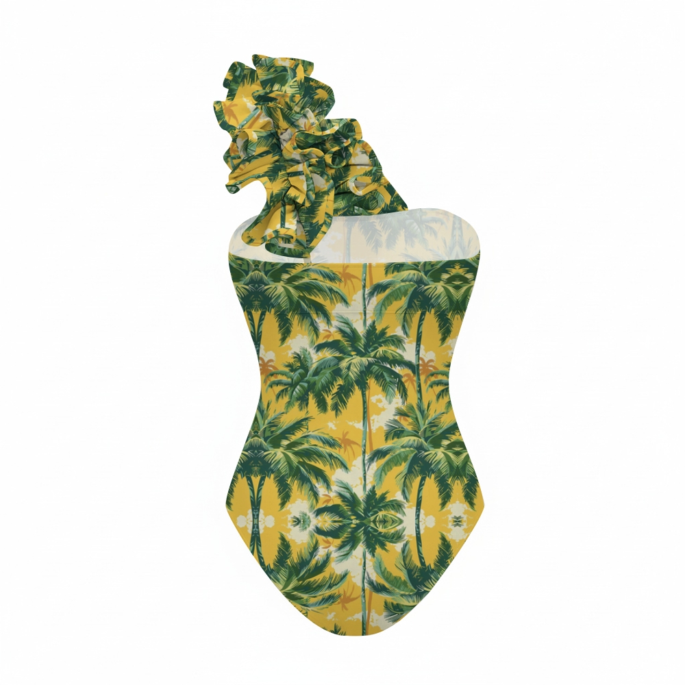 Tropical Palm Tree Ruffle Swimsuit with Maxi Skirt Cover-Up Set