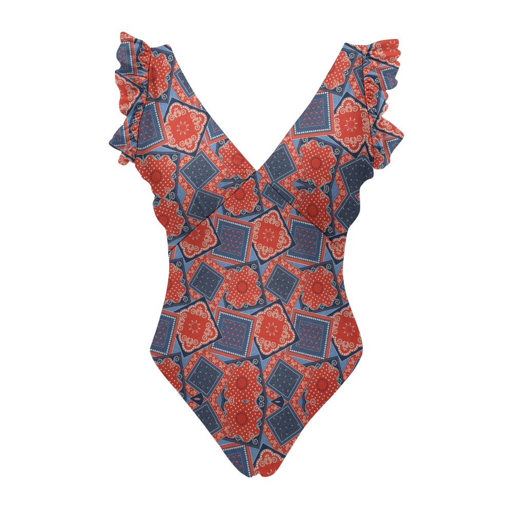 Bohemian Geometric Floral Ruffle Swimsuit