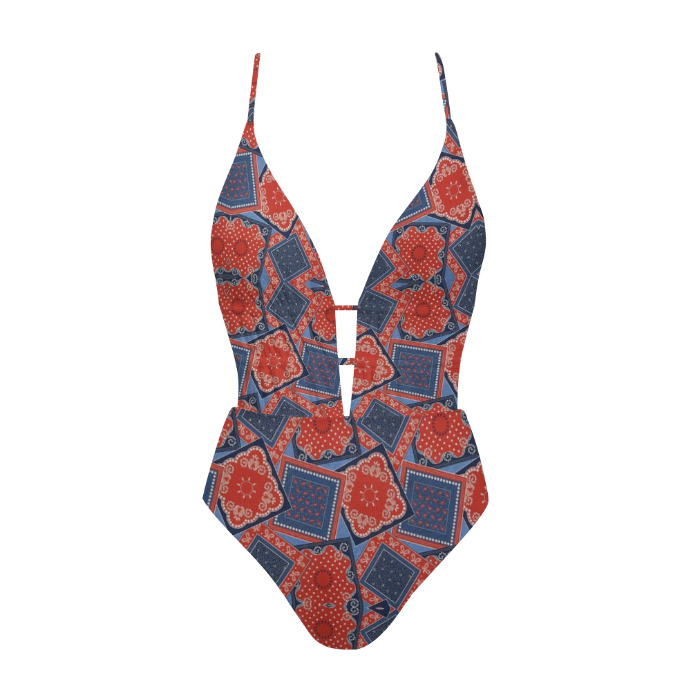 Bohemian Red & Blue Geometric Print Crisscross Tie Swimsuit