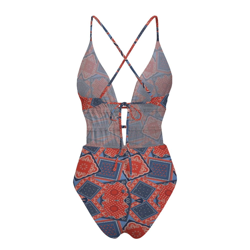 Bohemian Red & Blue Geometric Print Crisscross Tie Swimsuit