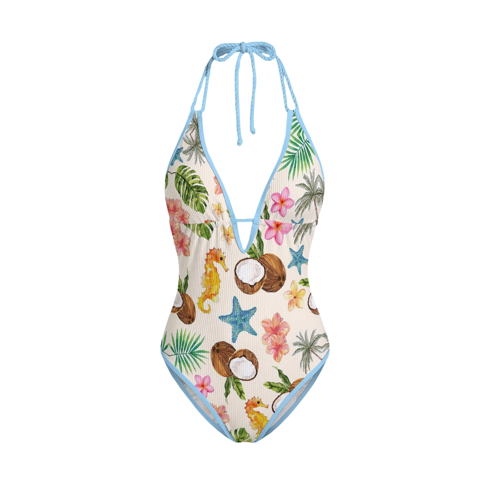 Tropical Palm Tree Seahorse Starfish Print Swimsuit