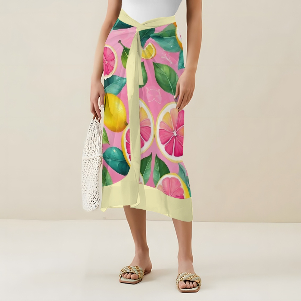 Pink Lemon Grapefruit with Tie Cover Up Skirt Swimsuit Set