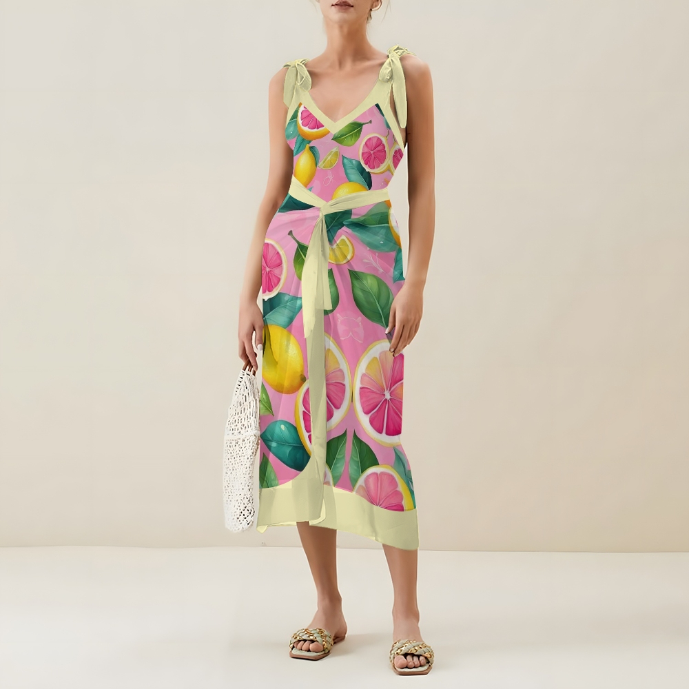 Pink Lemon Grapefruit with Tie Cover Up Skirt Swimsuit Set