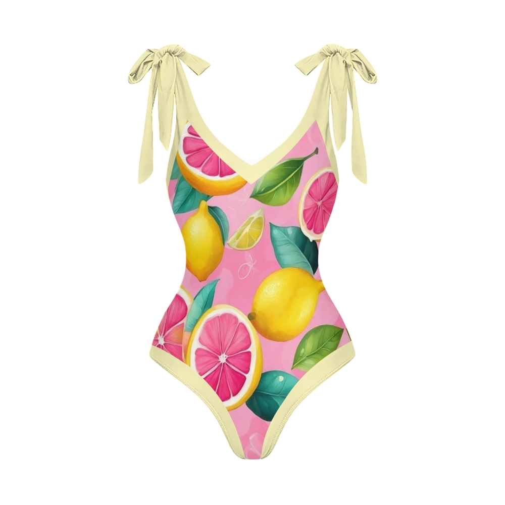 Pink Lemon Grapefruit with Tie Cover Up Skirt Swimsuit Set