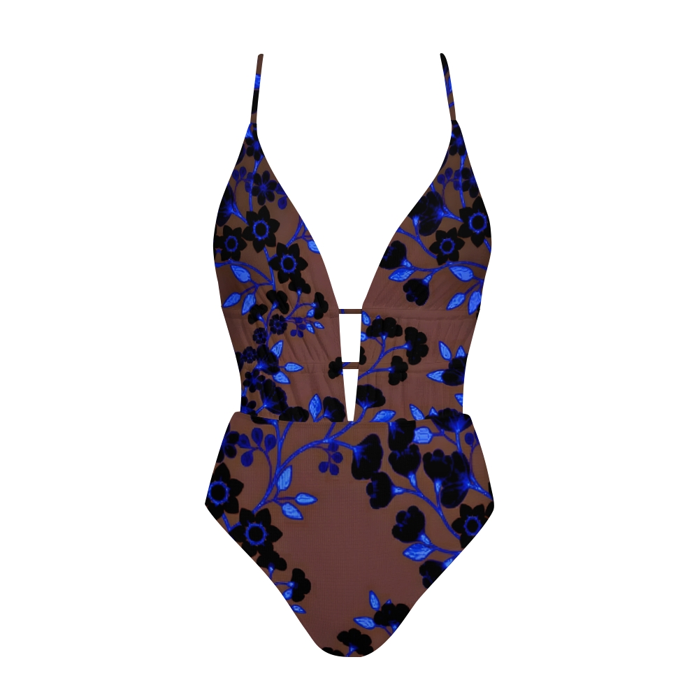 Blue Black Floral Flocked Sheer Crisscross Tie Swimsuit