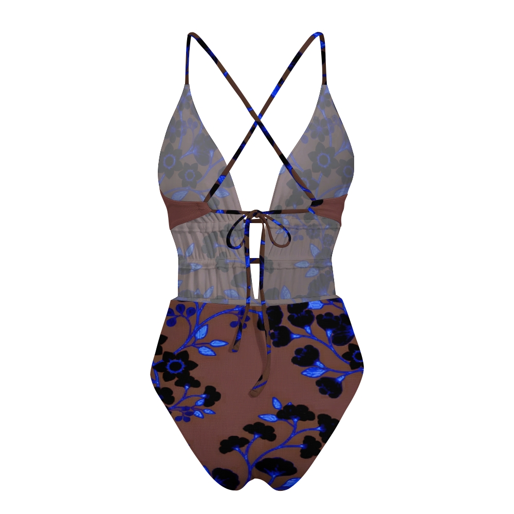 Blue Black Floral Flocked Sheer Crisscross Tie Swimsuit