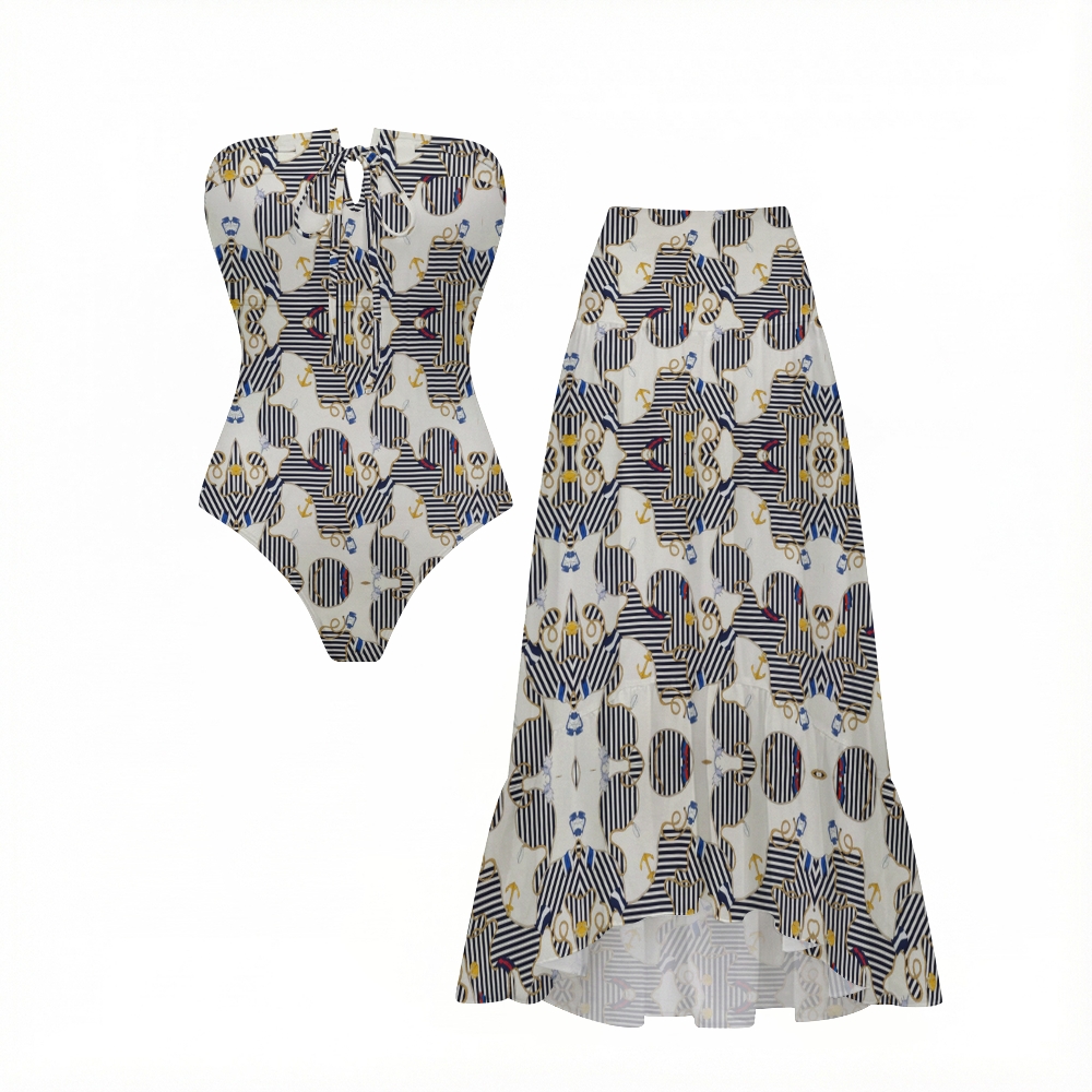 Nautical Anchor Stripe Bandeau Swimsuit with Ruffle Maxi Skirt Cover Up