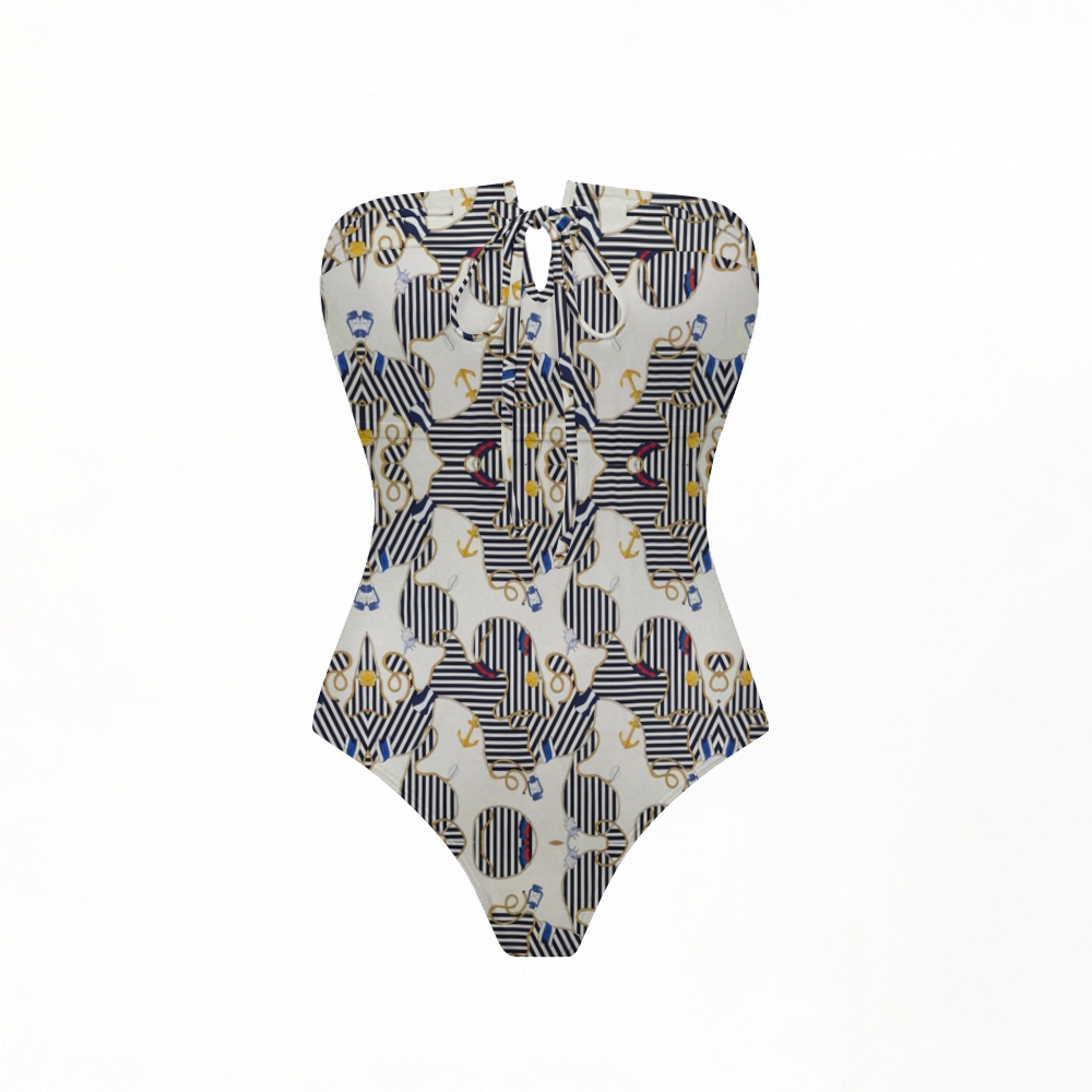 Nautical Anchor Stripe Bandeau Swimsuit with Ruffle Maxi Skirt Cover Up