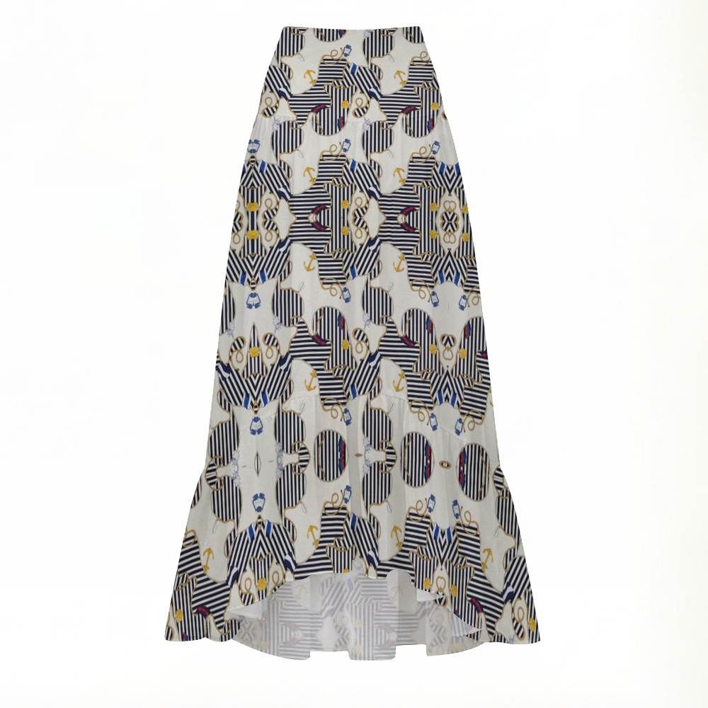 Nautical Anchor Stripe Bandeau Swimsuit with Ruffle Maxi Skirt Cover Up