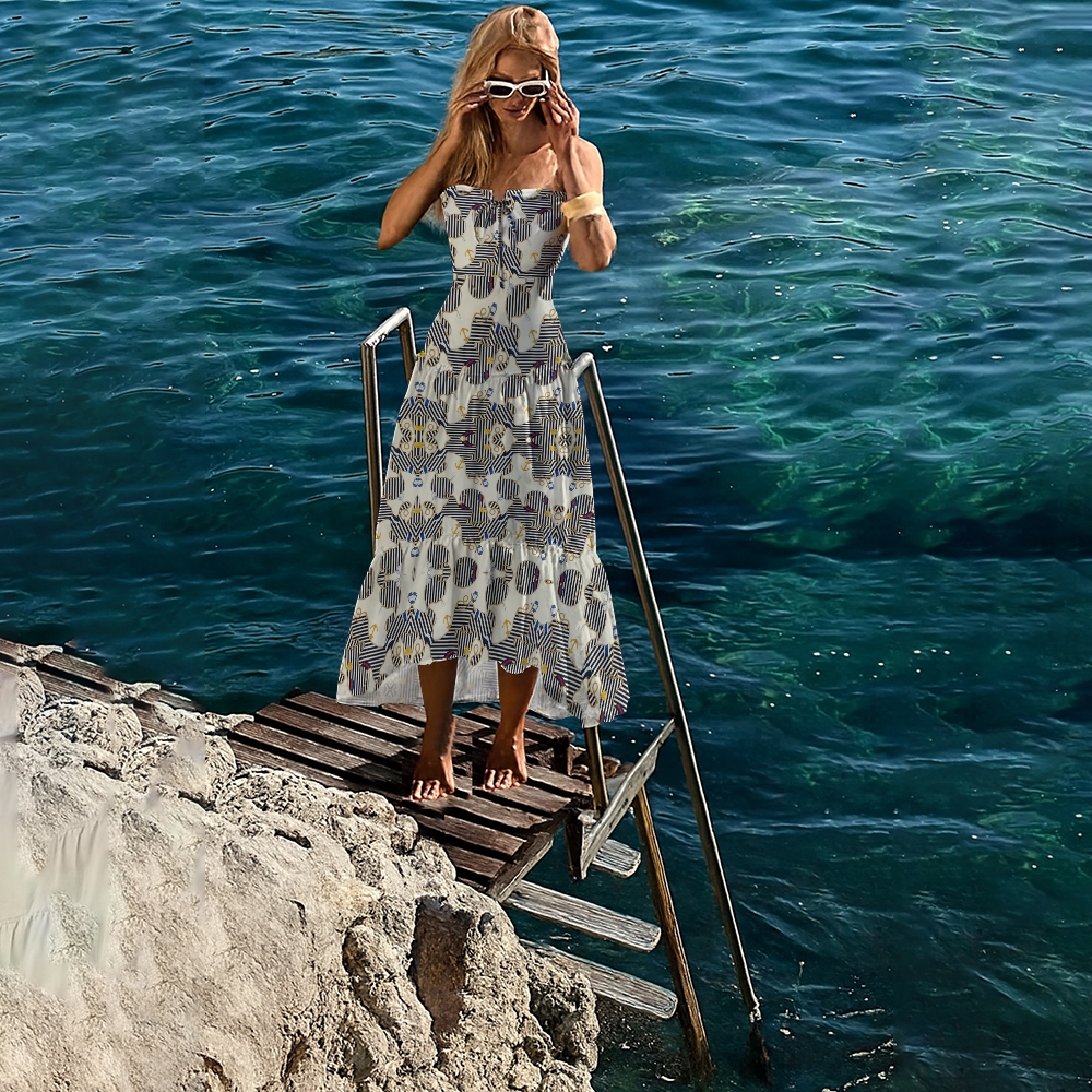 Nautical Anchor Stripe Bandeau Swimsuit with Ruffle Maxi Skirt Cover Up