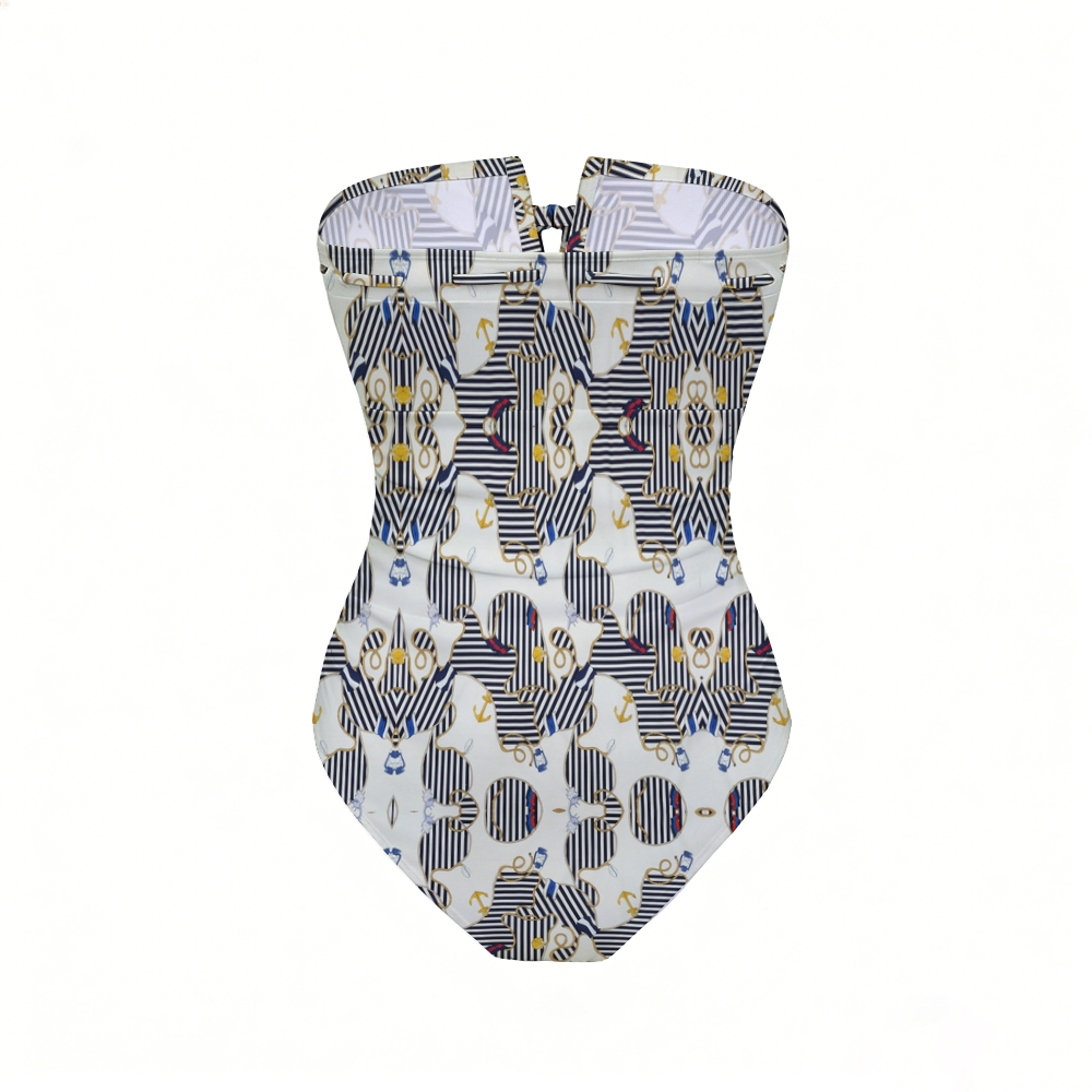 Nautical Anchor Stripe Bandeau Swimsuit with Ruffle Maxi Skirt Cover Up