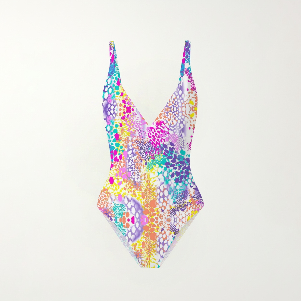 Rainbow Polka Dot Floral Print Low Back Metal Ring Swimsuit
