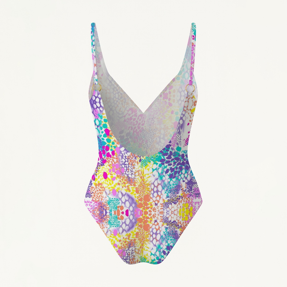 Rainbow Polka Dot Floral Print Low Back Metal Ring Swimsuit