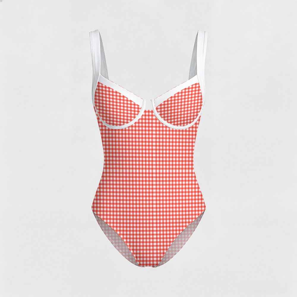 Gingham Check Print Contrast Trim Knotted Swimsuit