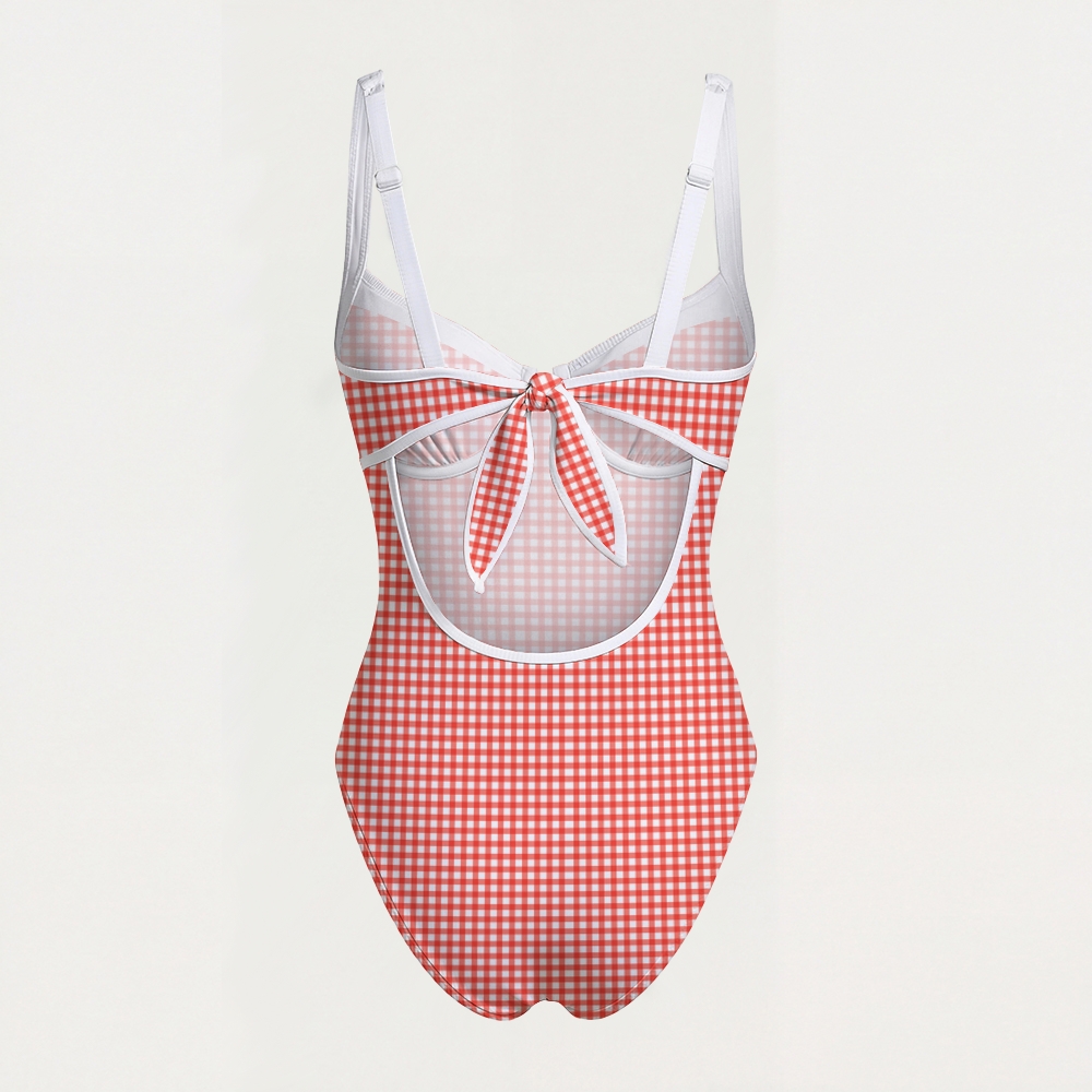Gingham Check Print Contrast Trim Knotted Swimsuit