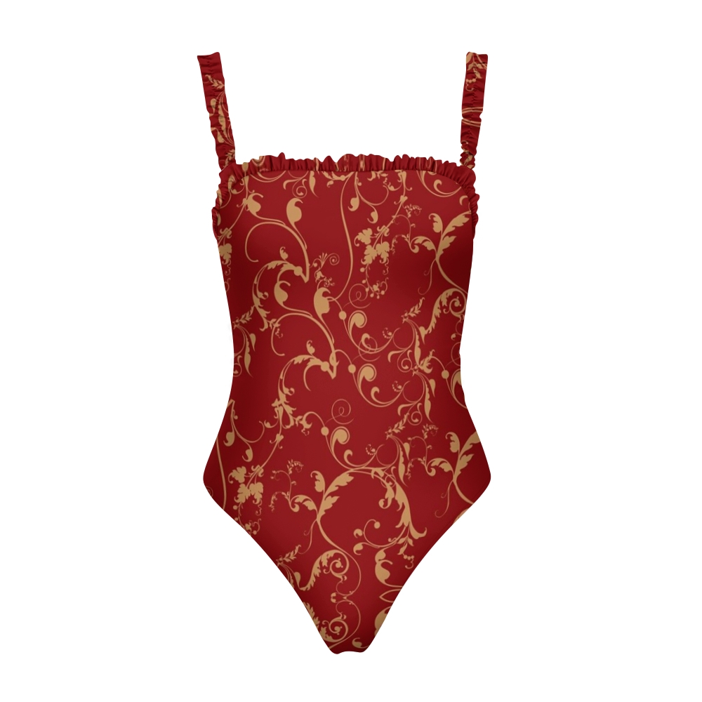 Vintage Damask Scroll Print Ruffled Swimsuit