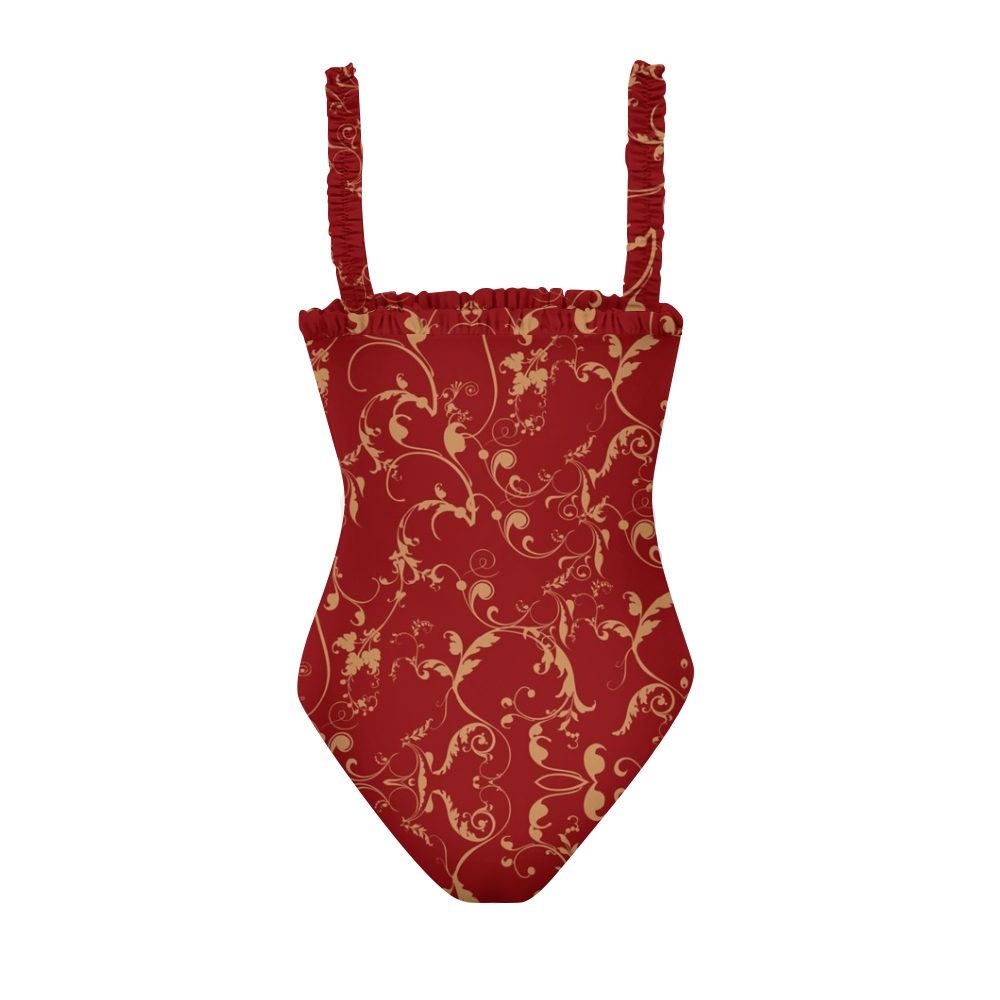 Vintage Damask Scroll Print Ruffled Swimsuit