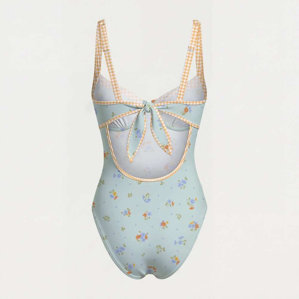 Ditsy Floral Print Contrast Trim Knotted Swimsuit