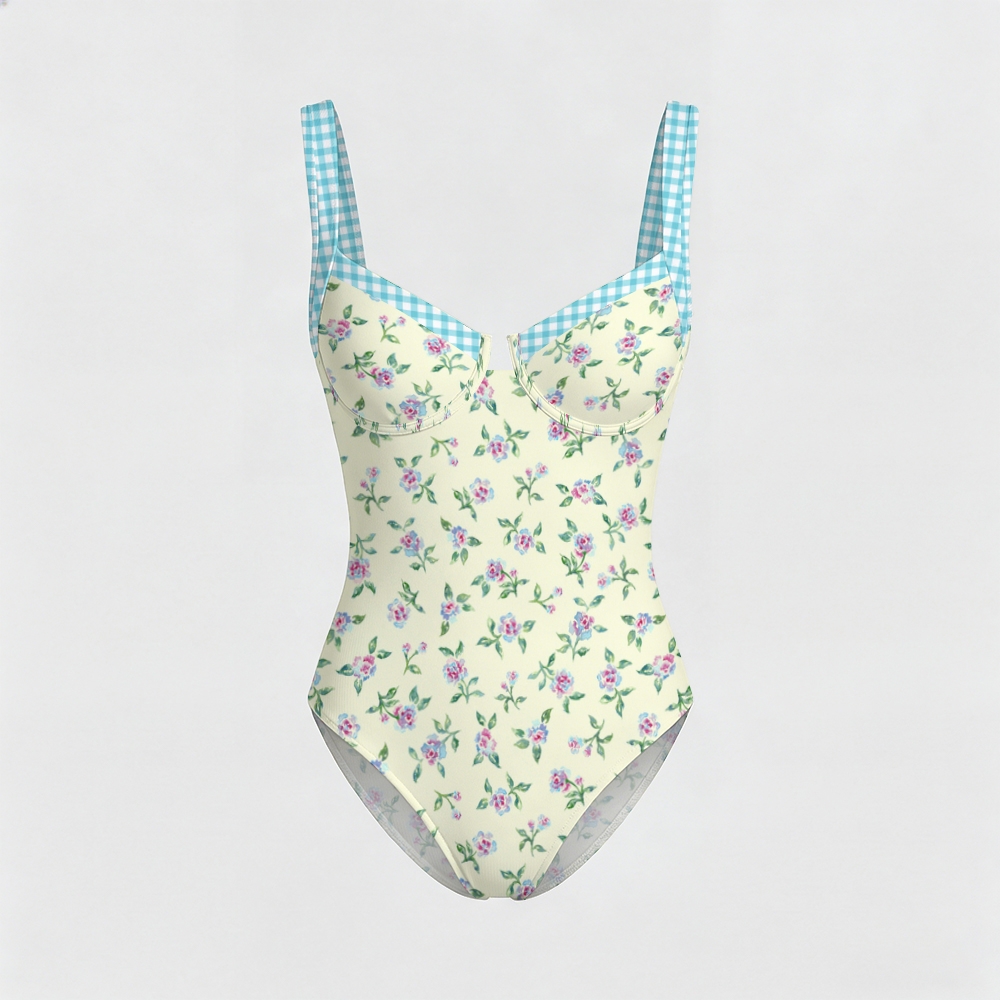 Cottage Floral Print Contrast Trim Knotted Swimsuit