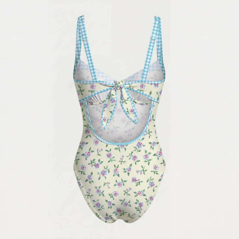 Cottage Floral Print Contrast Trim Knotted Swimsuit