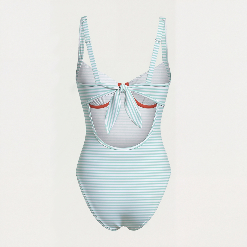 Mint Stripe Print Contrast Trim Knotted Swimsuit