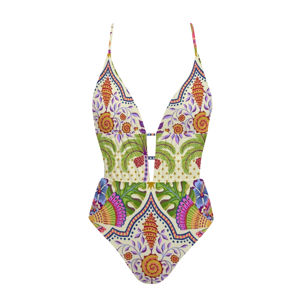Island Motif Print Plunge One-Piece Swimsuit