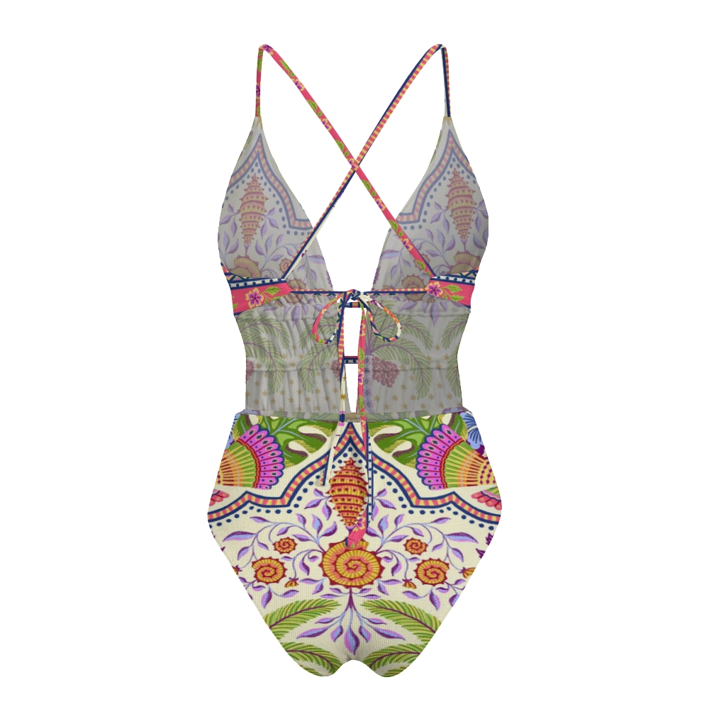 Island Motif Print Plunge One-Piece Swimsuit