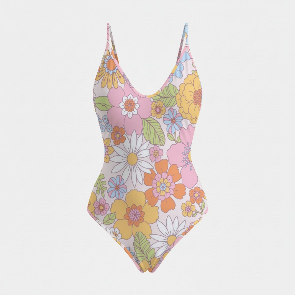 Retro Daisy Print Plunging V-Neck Swimsuit