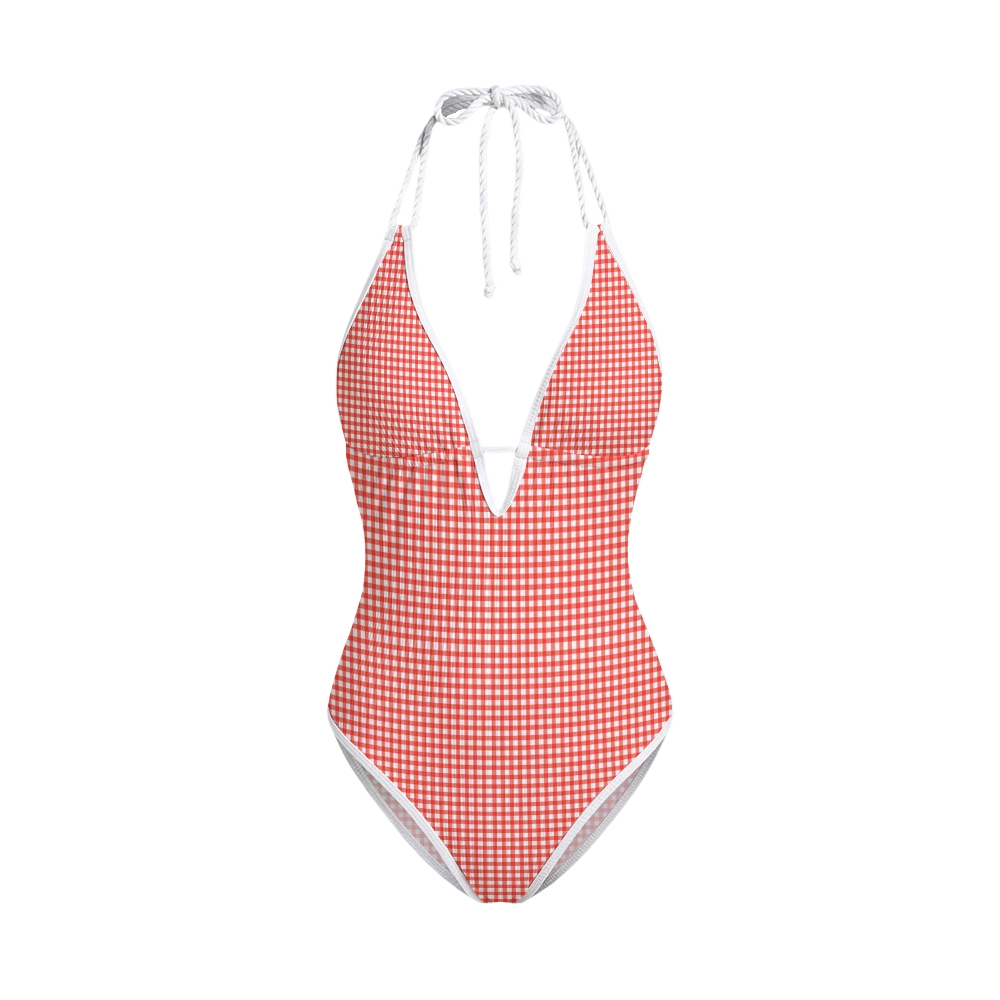 Red Gingham Print Contrast Swimsuit