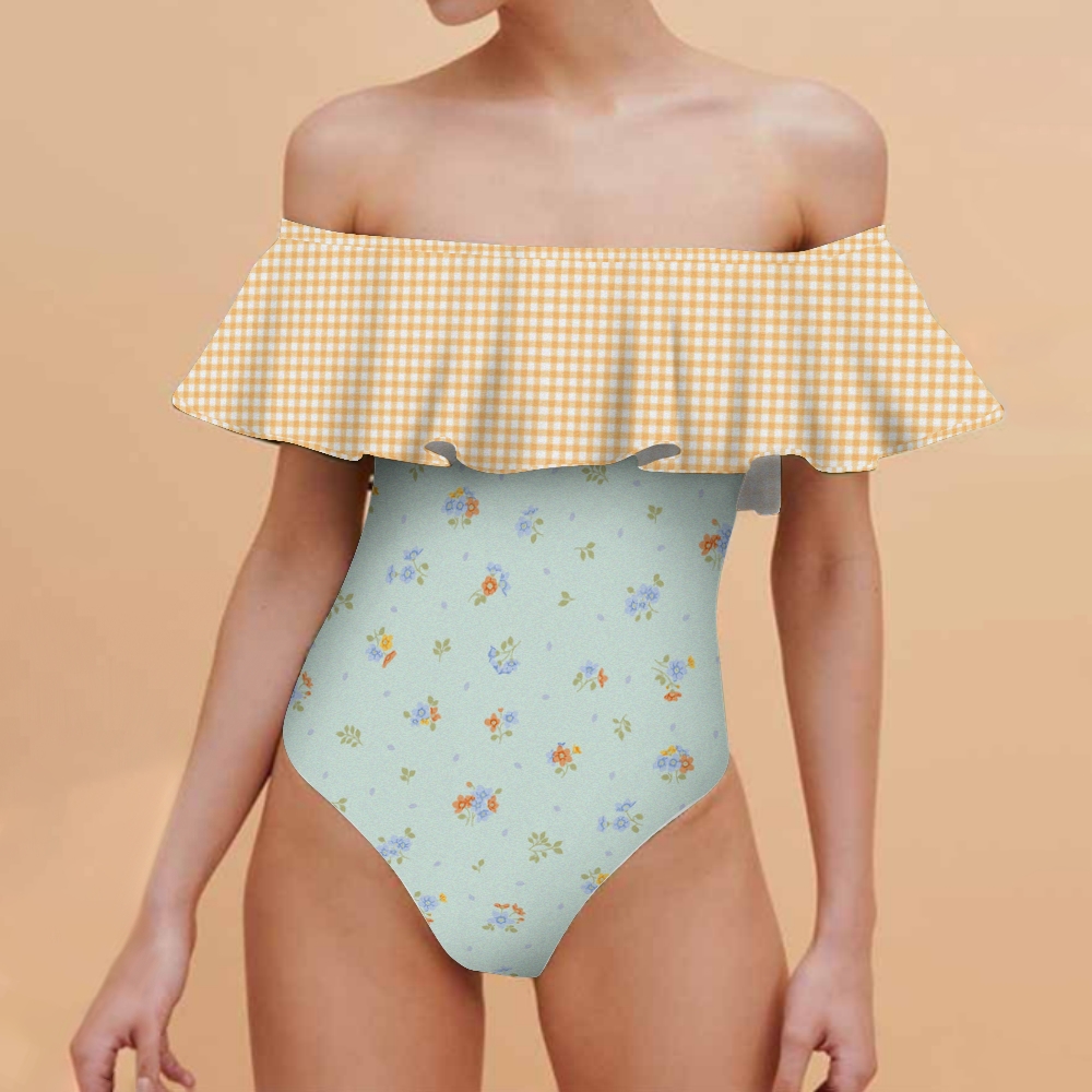 Cottage Floral Print Bandeau Flounce Swimsuit