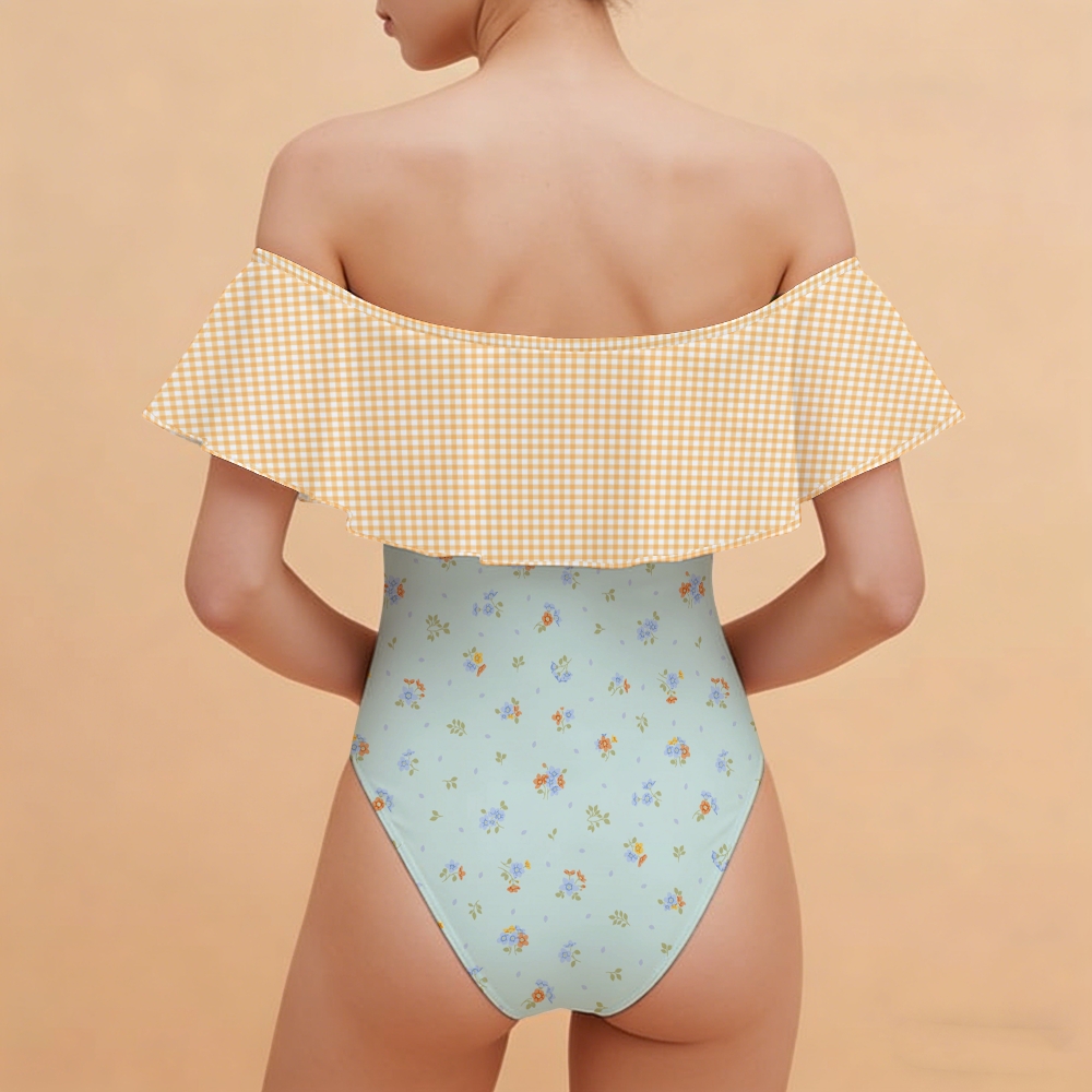 Cottage Floral Print Bandeau Flounce Swimsuit