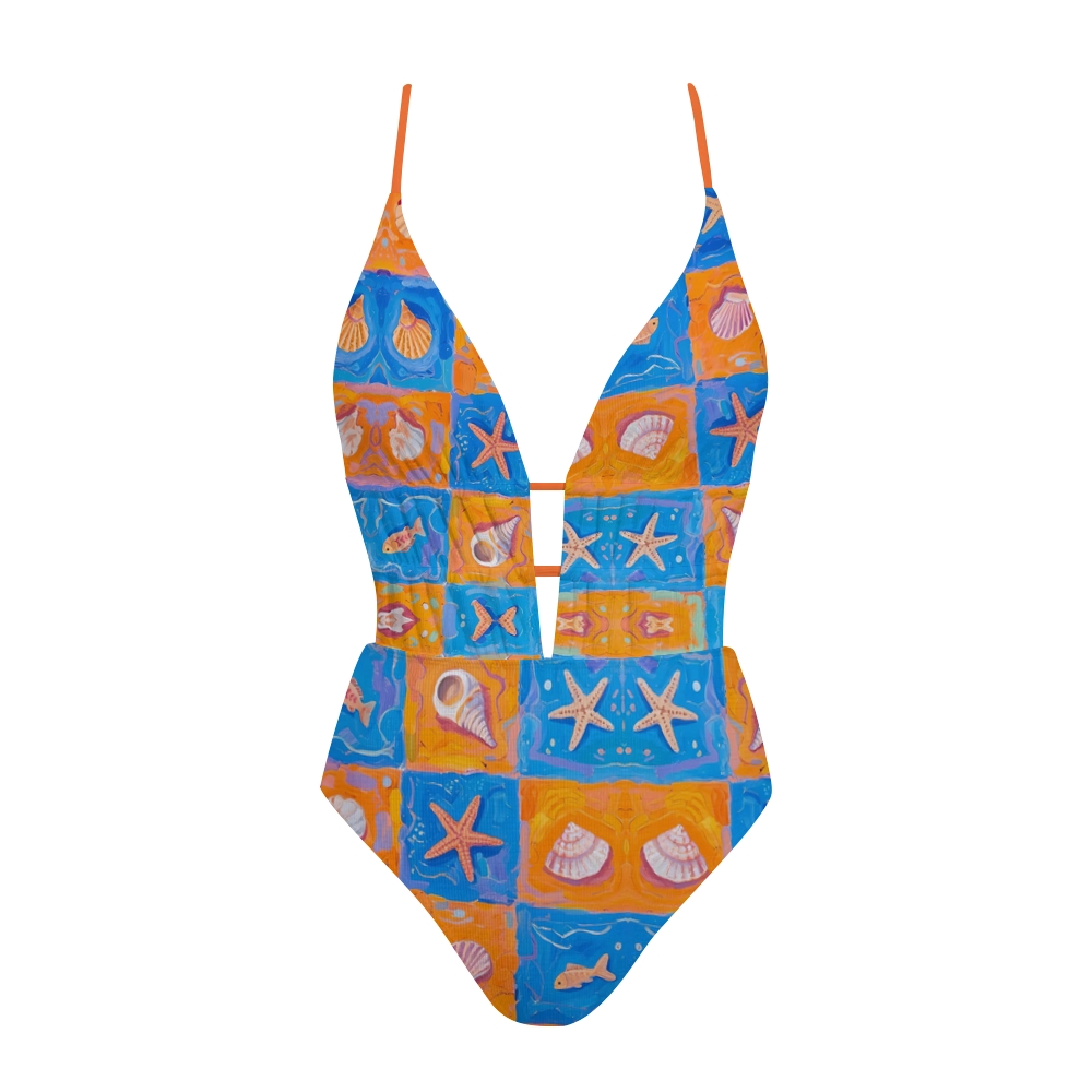 Ocean Shell Starfish Collage Print Crisscross Tie Swimsuit