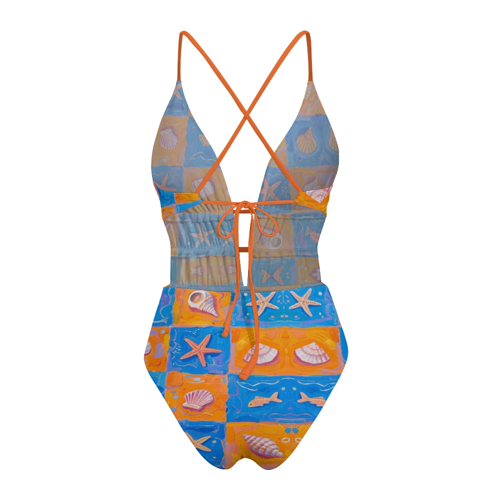 Ocean Shell Starfish Collage Print Crisscross Tie Swimsuit
