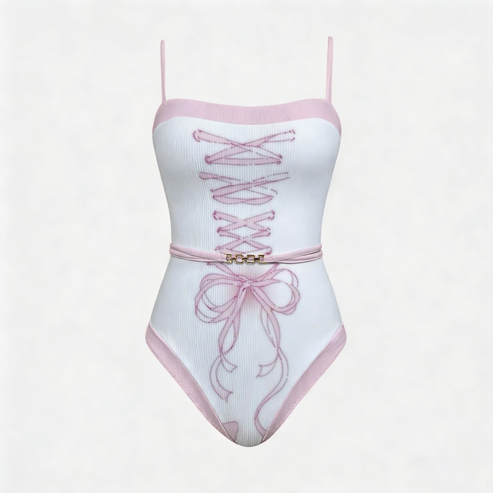 Pink Corset Bow Print Contrast Gleam Swimsuit