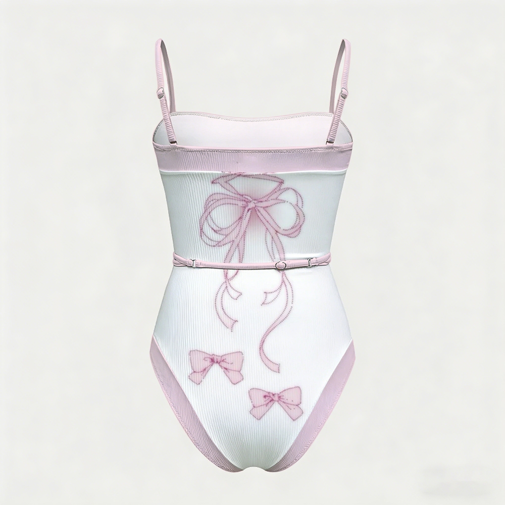 Pink Corset Bow Print Contrast Gleam Swimsuit