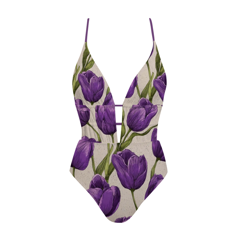 Purple Tulip Print Plunge One-Piece Swimsuit