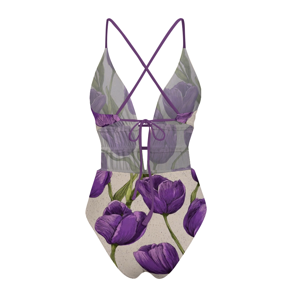 Purple Tulip Print Plunge One-Piece Swimsuit