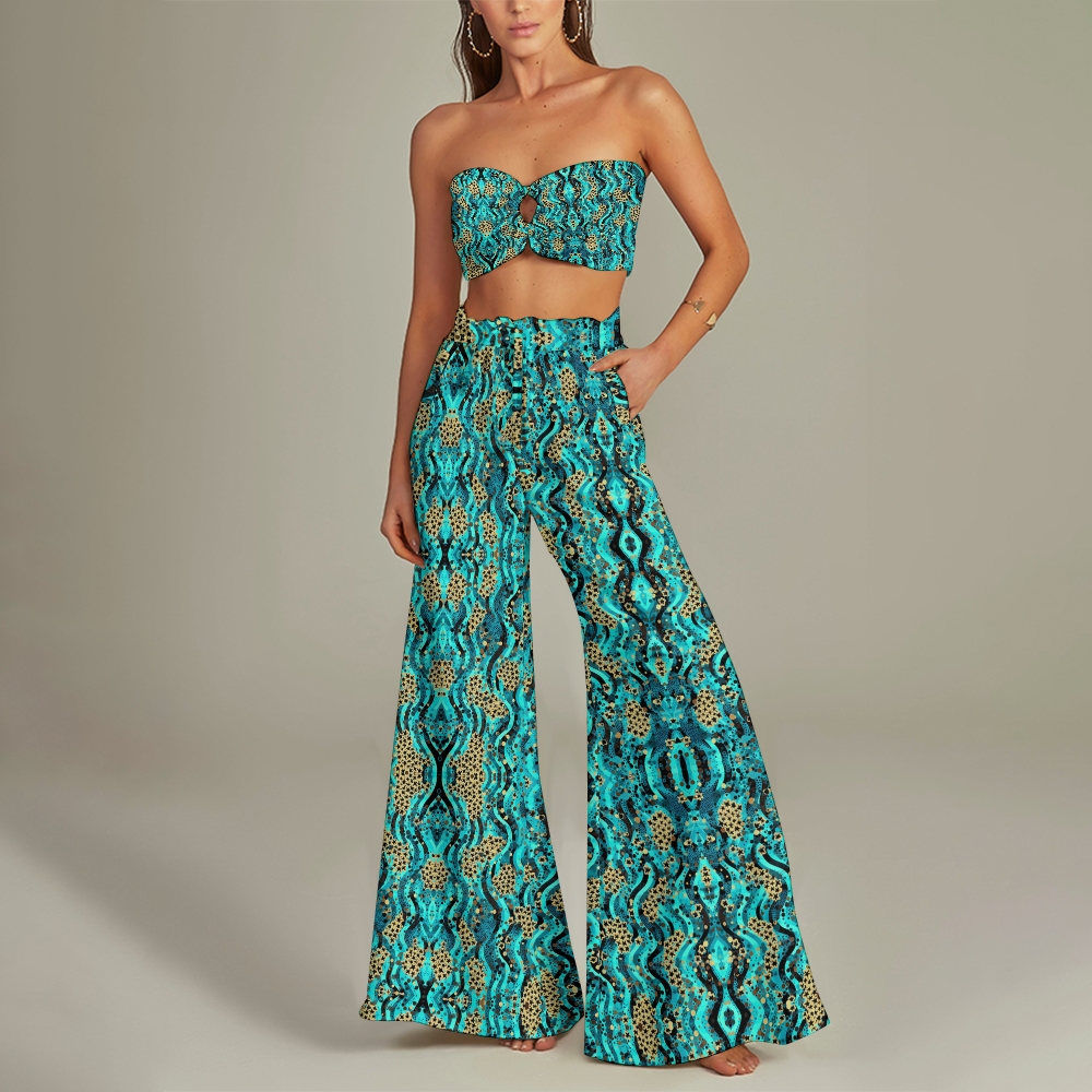Snake Print Leopard Print Color Block Bandeau Wide Leg Pants  Swimsuit
