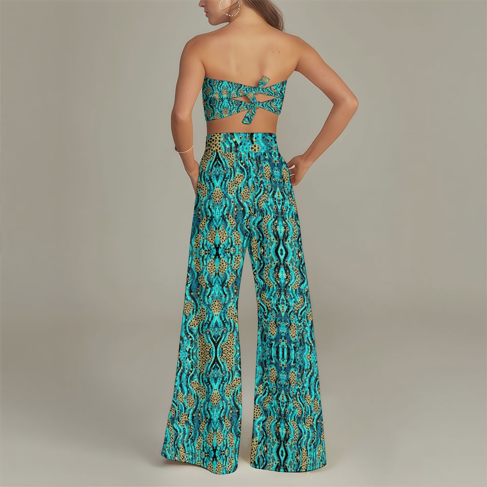 Snake Print Leopard Print Color Block Bandeau Wide Leg Pants  Swimsuit