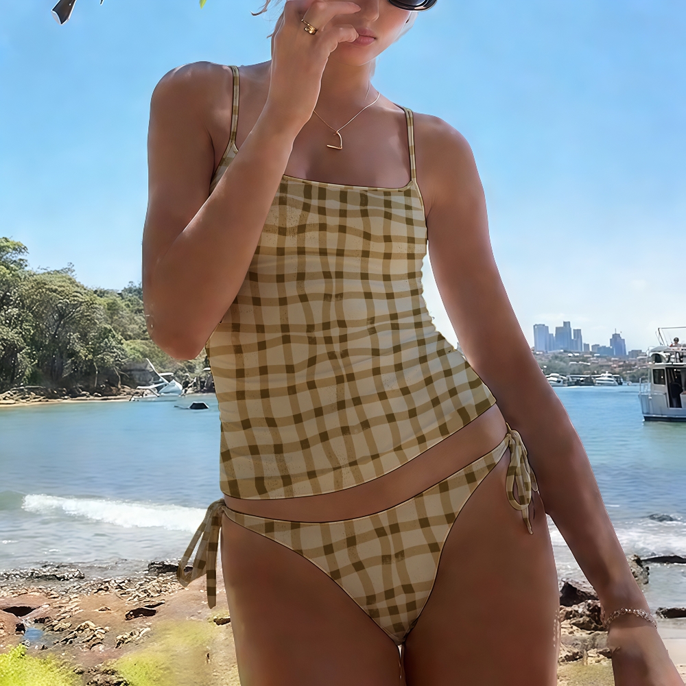 Plaid Ruched Waist Tie Tankini Swimsuit