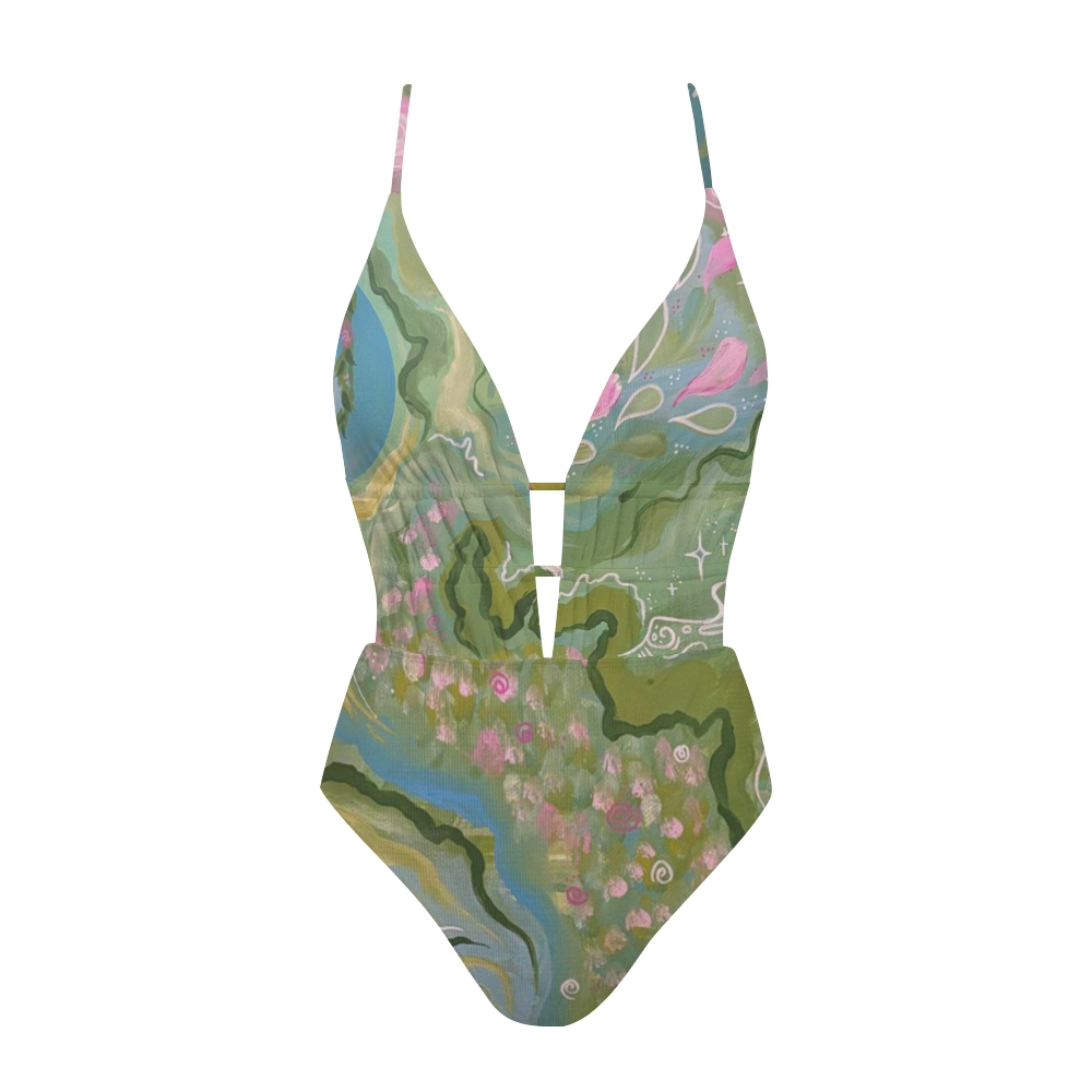 Green Fluid Art Print Plunge Swimsuit