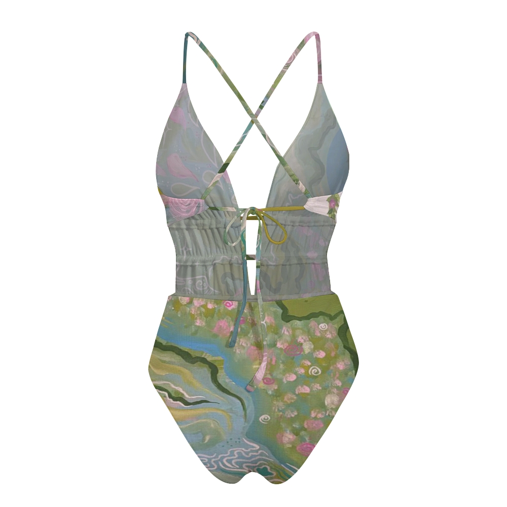 Green Fluid Art Print Plunge Swimsuit