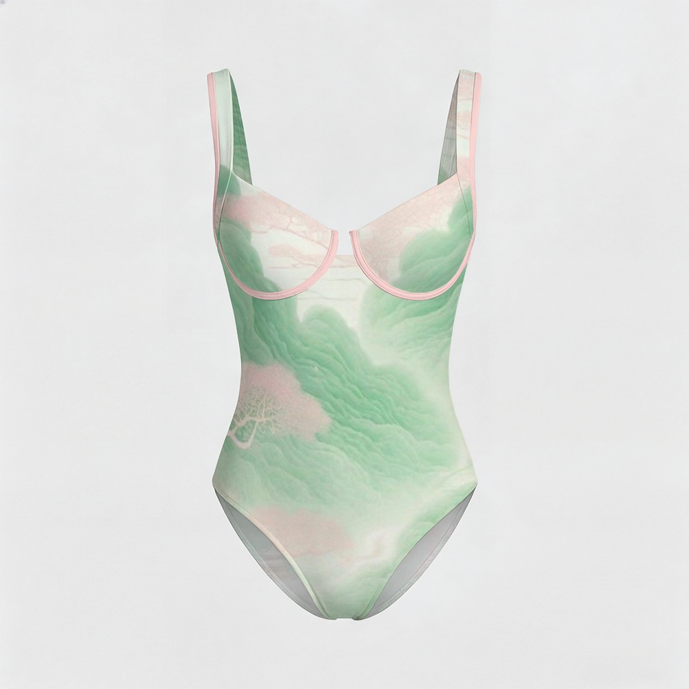 Dreamy Watercolor Print Contrast Trim Knotted Swimsuit