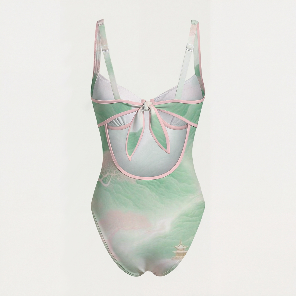 Dreamy Watercolor Print Contrast Trim Knotted Swimsuit