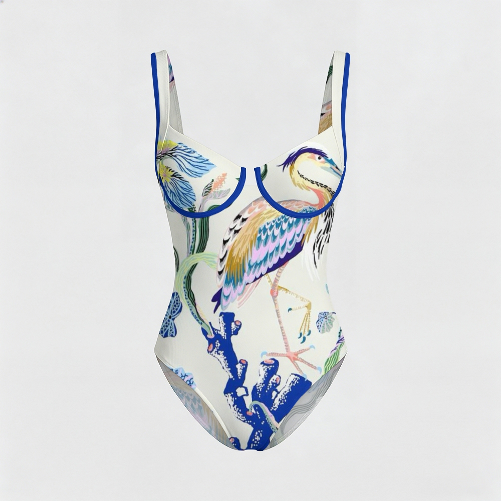 Heron & Coral Print Contrast Trim Knotted Swimsuit