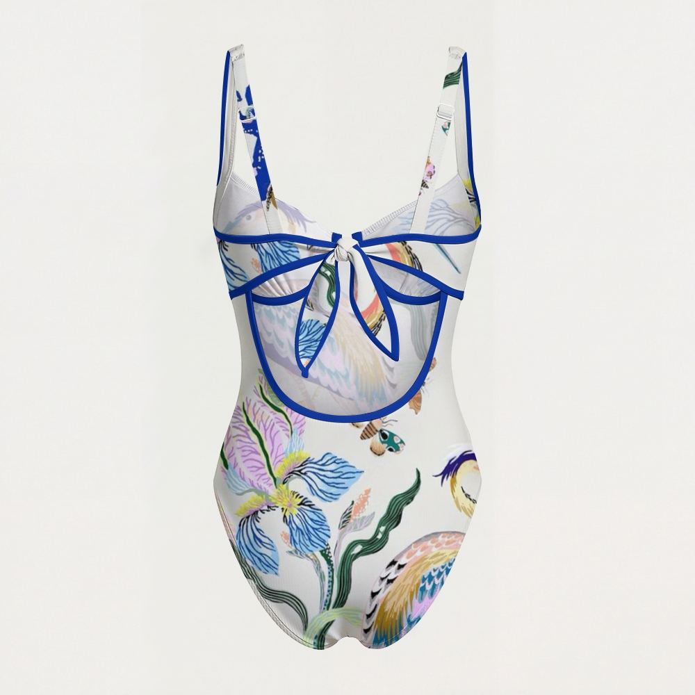 Heron & Coral Print Contrast Trim Knotted Swimsuit