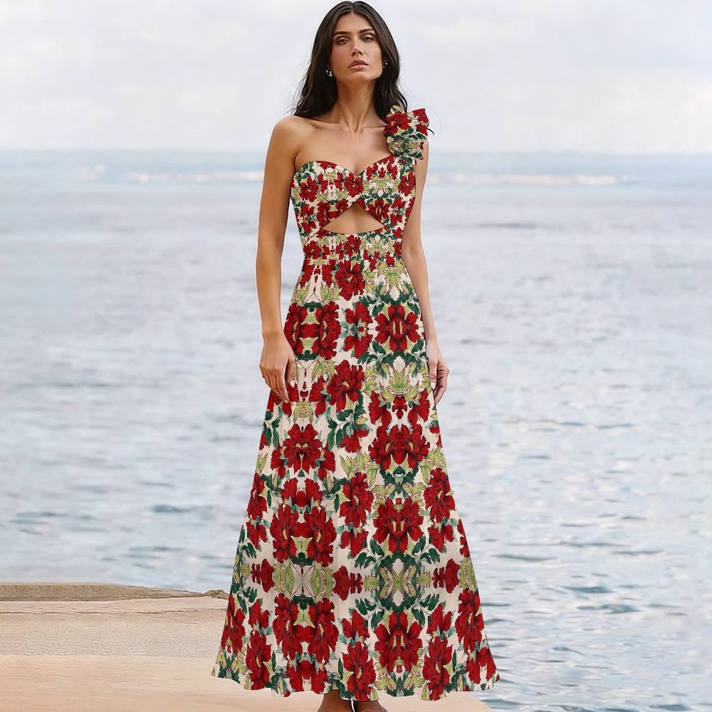 Vintage Floral Ruffled Cutout Swimsuit Maxi Skirt Two Piece Set